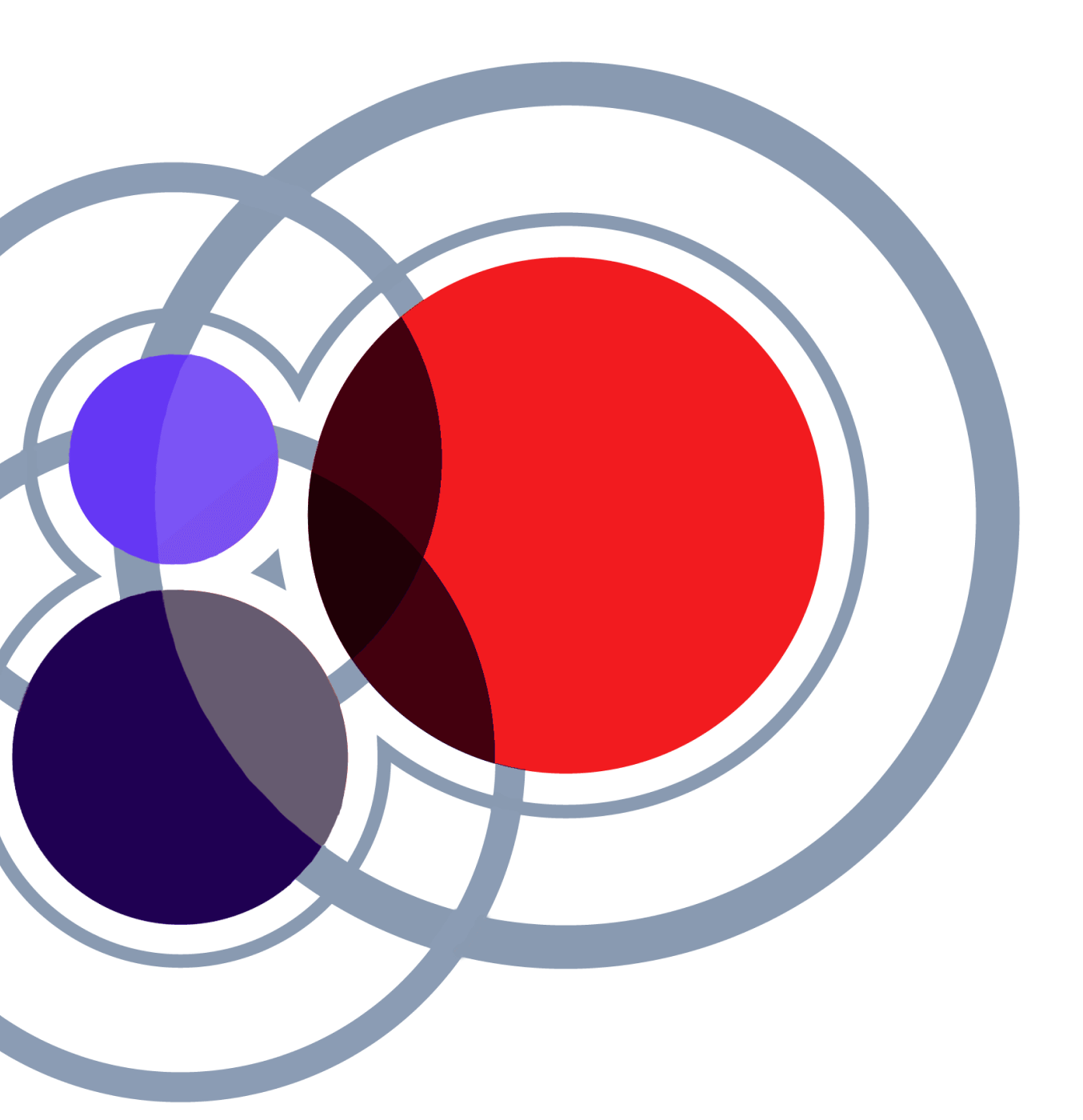 Overlapping colorful circles with red, blue, and purple tones
