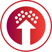 Red circle with a white arrow pointing up from the bottom with white dots at the top